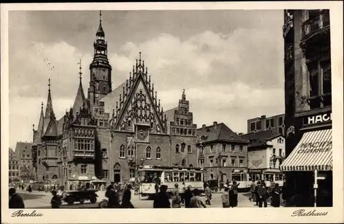 Ak Wrocław Breslau Schlesien, Rathaus, Straßenbahn