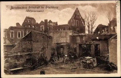 Ak Szczytno Ortelsburg Ostpreußen, Zerschossenes Gebäude