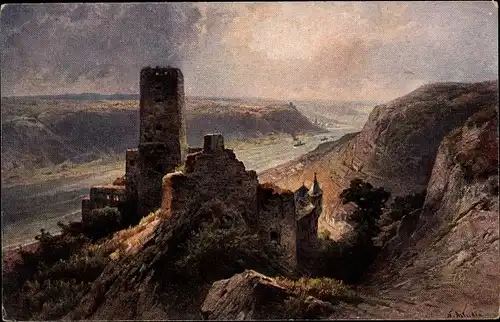 Künstler Ak Astudin, N., Kaub am Rhein, Burg Gutenfels, Ruinen