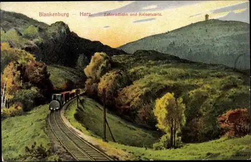 Künstler Ak Blankenburg am Harz, Zahnradbahn und Kaiserwarte