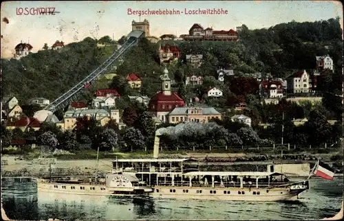 Ak Dresden Loschwitz, Bergschwebebahn Loschwitzhöhe, Elbe, Dampfer Karlsbad
