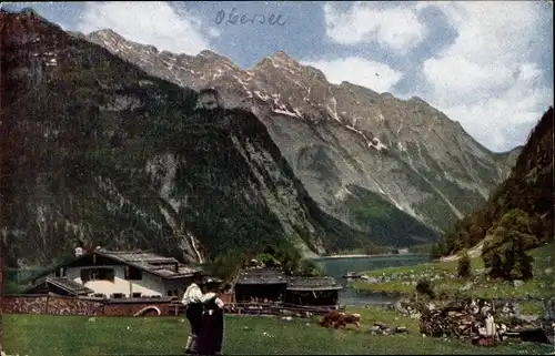 Ak Berchtesgaden in Oberbayern, Obersee, Paar in Trachten, Kühe