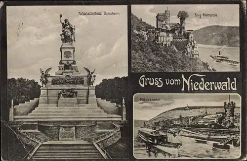 Ak Rüdesheim am Rhein, Niederwald Nationaldenkmal, Burg Rheinstein