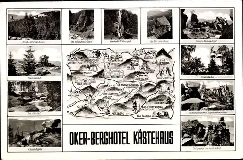 Landkarten Ak Oker Goslar am Harz, Berghotel Kästehaus, Kästeklippen, Seilbahn