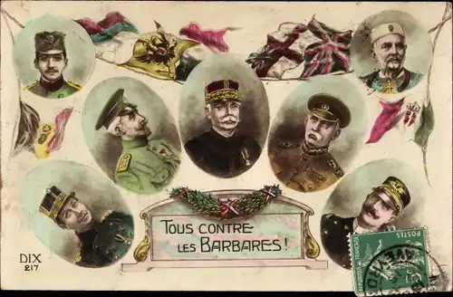 Ak Tous Contre les Barbares, Albert I von Belgien, Nikolaus I von Montenegro, Portraits Alliierte