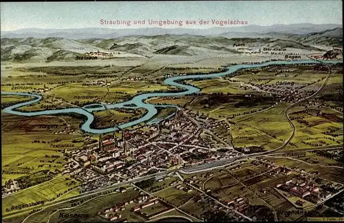 Ak Straubing an der Donau Niederbayern, Gesamtansicht, Umgebung, Vogelschau