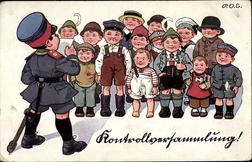 Künstler Ak Engelhard, P.O.E., Kontrollversammlung, Kinder spielen Krieg