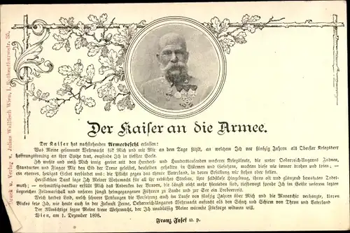 Ak Kaiser Franz Joseph I., Der kaiser an die Armee, Zitat