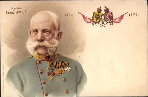 Litho Kaiser Franz Joseph I., 50 jähriges Regierungs-Jubiläum 1898, Portrait, Uniform, Orden
