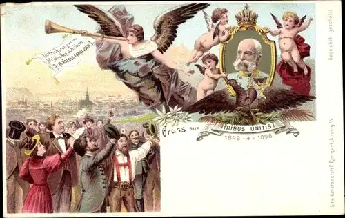 Litho Kaiser Franz Joseph I., 50 jähriges Regierungs-Jubiläum 1898, Engel, Viribus Unitis