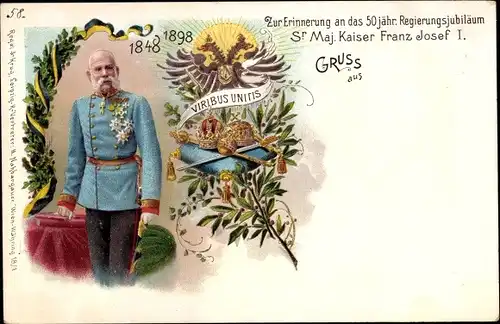 Litho Kaiser Franz Joseph I., 50 jähriges Regierungs-Jubiläum 1898, Standportrait in Uniform