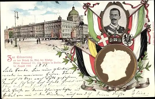 Präge Ak Berlin Mitte, Erinnerung Besuch Victor Emanuel III von Italien 1902, Schloss