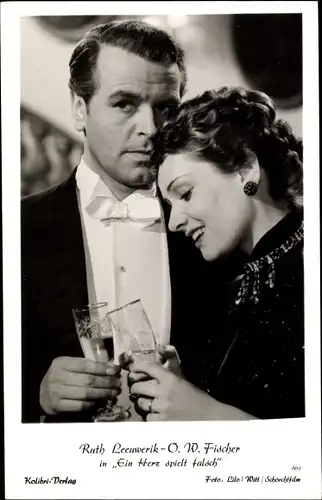Ak Schauspieler Ruth Leuwerik und O. W. Fischer, Portrait, Ein Herz spielt falsch, Autogramm