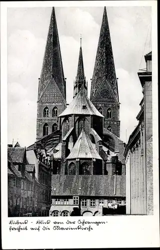 Ak Hansestadt Lübeck, Marienkirche von der Schrangenfreiheit aus gesehen