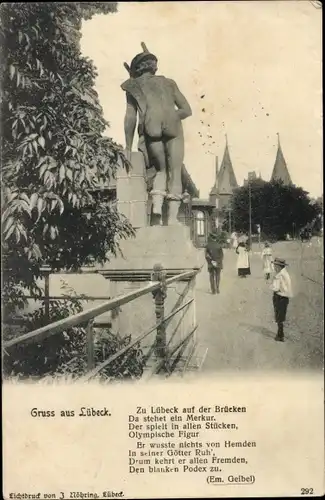 Ak Hansestadt Lübeck, Merkur auf der Puppenbrücke, Gedicht, Besucher