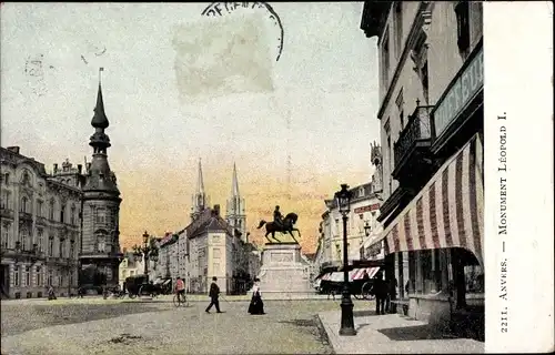 Ak Antwerpen Flandern, Denkmal Leopold I., Straßenansicht mit Denkmal