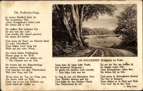 Ak Eutin, Kellersee Sage, Weg am Kellersee, Kalkhütte, Gedicht