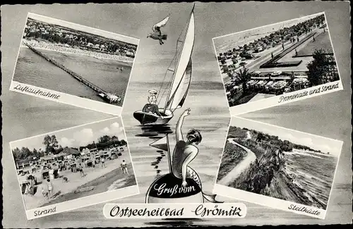 Ak Ostseebad Grömitz in Holstein, Promenade, Strand, Steilküste, Luftaufnahme