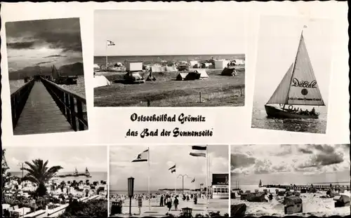 Ak Ostseebad Grömitz in Holstein, Seebrücke, Segelboot, Strand, Campingplatz