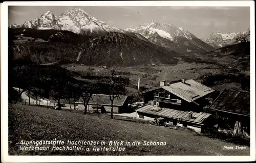 Ak Berchtesgaden in Oberbayern, Watzmann, Alpengaststätte Hochlenzer, Blick in die Schönau