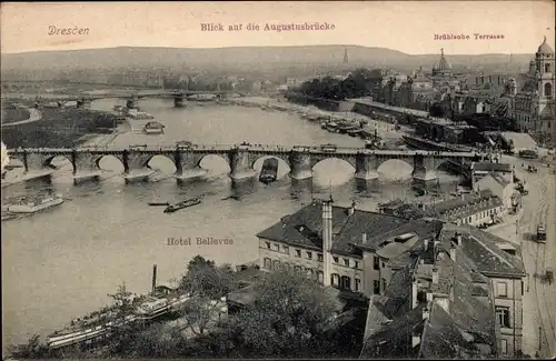 Ak Dresden Altstadt, Hotel Bellevue, Blick auf die Augustusbrücke, Brühlsche Terrasse