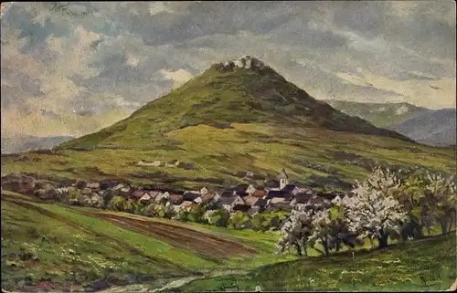 Künstler Ak Neuffen, Bergpartie, Blick auf den Ort, Burg Hohenneuffen