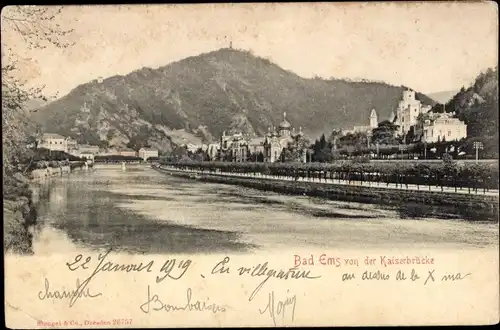 Ak Bad Ems an der Lahn, Kaiserbrücke, Totalansicht