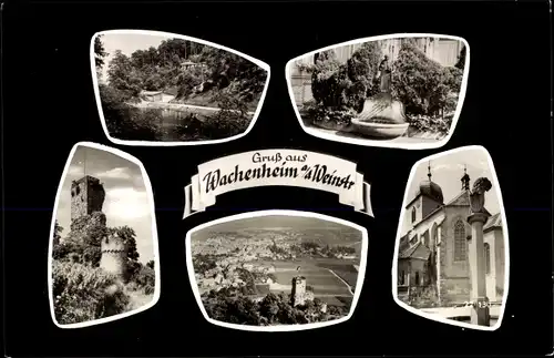 Ak Wachenheim an der Weinstraße Pfalz, Fluss, Brunnen, Burg, Panorama, Kirche