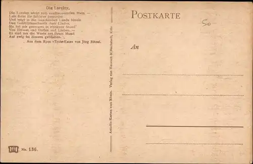 Künstler Ak Astudin, Sankt Goarshausen am Rhein, Loreley, Panorama, Gedicht