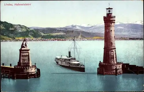 Ak Lindau am Bodensee Schwaben, Hafeneinfahrt, Leuchtturm