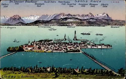 Ak Lindau am Bodensee Schwaben, Panorama, Gebirge, Leuchtturm, Brücke