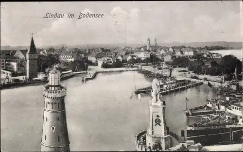 Ak Lindau am Bodensee Schwaben, Leuchtturm, Löwenstatue