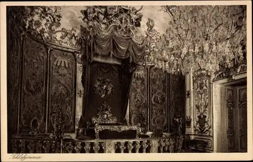 Ak Linderhof Ettal Oberbayern, Schloss Linderhof, Schlafzimmer in Gold auf Samt gestickt