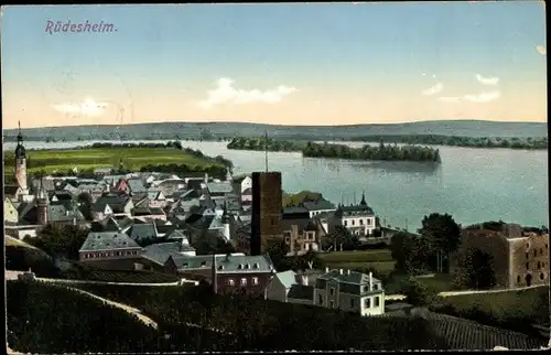 Ak Rüdesheim am Rhein, Totalansicht, Rhein, Kirchturm