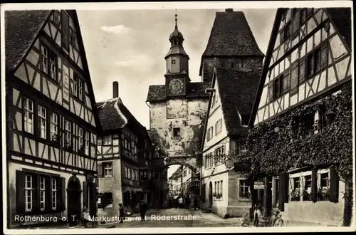 Ak Rothenburg ob der Tauber Mittelfranken, Markusturm, Röderstraße, Fachwerkhäuser