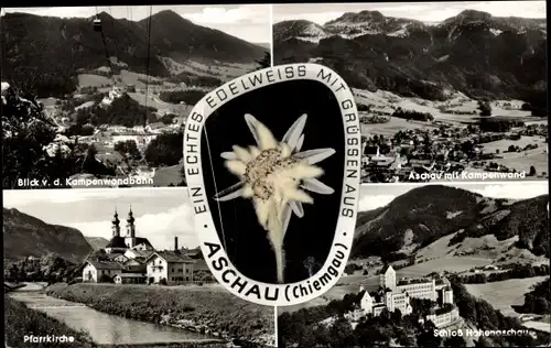 Ak Aschau im Chiemgau Oberbayern, Kampenwandbahn, Gesamtansicht, Pfarrkirche, Schloss
