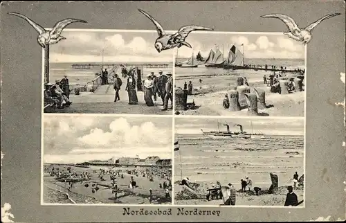 Ak Nordseebad Norderney Ostfriesland, Strand, Dampfer, Möwen, Steg