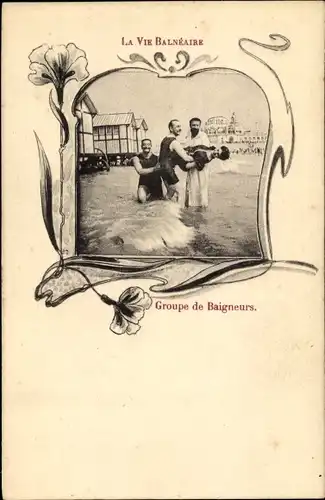 Jugendstil Ak La Vie Balneaire, Groupe dde Baigneurs, Männer und Frau in Badeanzügen, Taufe