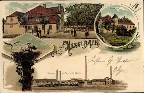 Litho Haselbach Altenburger Land, Gasthof, Tonwarenfabrik, Mühle, Storchennest