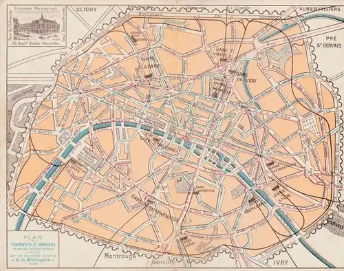 Klapp Stadtplan Ak Paris, Straßenbahn- und Omnibus-Linien, Nouvelles Galeries a la Ménagère
