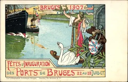 Wappen Ak Brügge Westflandern, Hafen, Einweihungsfeierlichkeiten 1907, Bär, Schwan