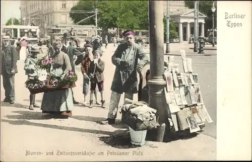 Ak Berlin Tiergarten, Blumen- und Zeitungsverkäufer am Potsdamer Platz