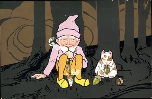 Künstler Ak Zwerg raucht Pfeife, Tier mit Eicheln