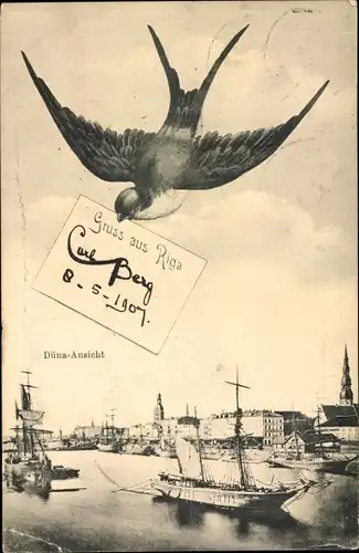 Ak Riga Lettland, Düna-Ansicht, Schwalbe, Segelschiffe