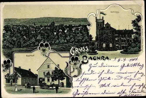 Litho Bachra Rastenberg in Thüringen, Panorama, Gasthof, Schloss