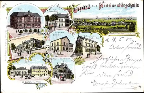 Litho Niederwürschnitz im Erzgebirge Sachsen, Schule, Post, Gemeindeamt, Gasthof zum Kronprinz