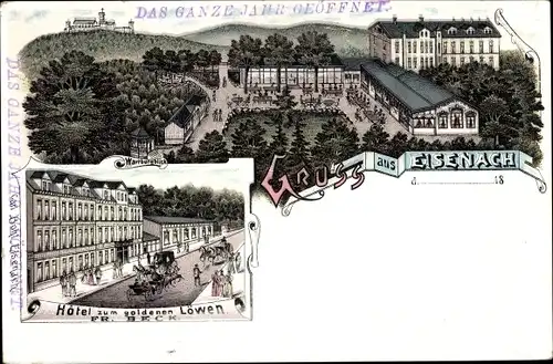 Litho Lutherstadt Eisenach in Thüringen, Hotel zum goldenen Löwen, Wartburg