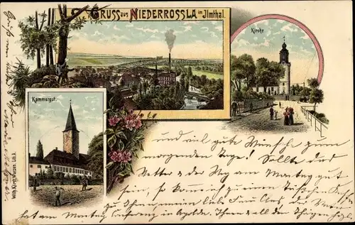 Litho Niederrossla Niederroßla Thüringen, Gesamtansicht, Kirche, Kammergut