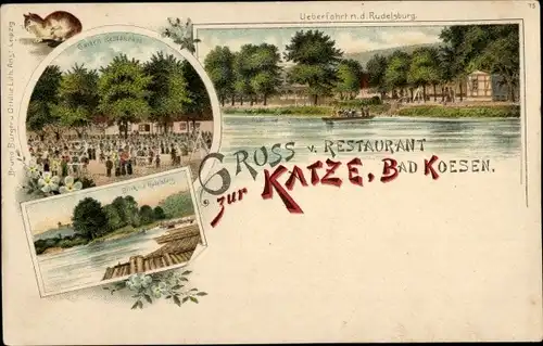 Litho Bad Kösen Naumburg an der Saale, Restaurant Zur Katze, Überfahrt zur Rudelsburg