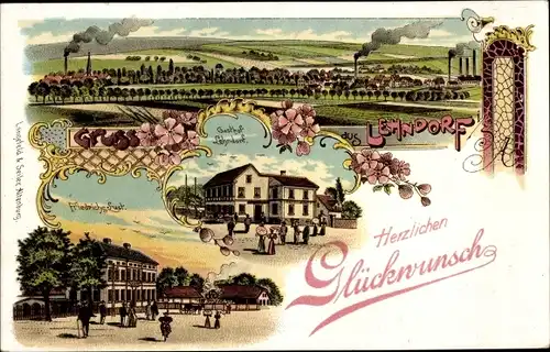 Litho Lehndorf Nobitz Thüringen, Totalansicht, Friedrichslust, Gasthof Lehndorf, Glückwunsch